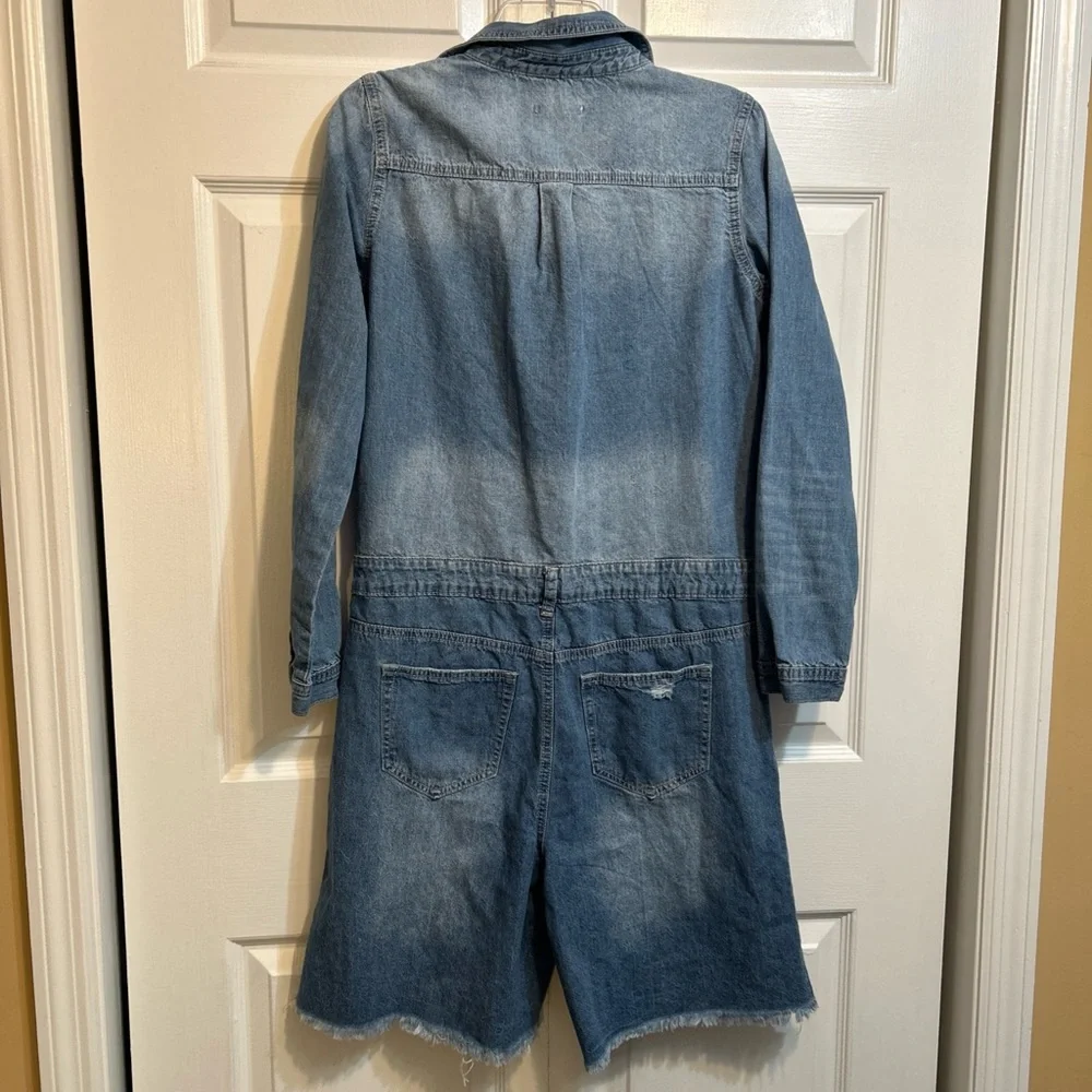 Fashion Nova Light Blue Distressed Denim Jumpsuit Romper - Picture 10 of 13